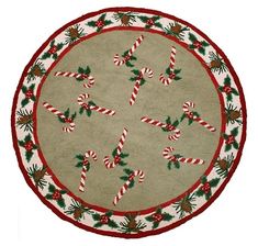 a round rug with candy canes on it