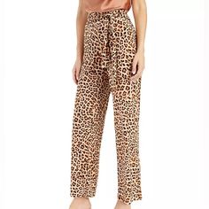 Pull-On Style Cheetah Print; Tie-Front Belt; Elasticized Waist Polyester/Spandex Machine Washable Waist Approx 34.5” Inseam 31” Leopard Print Pants For Summer Loungewear, Leopard Print Loungewear Bottoms, Leopard Print Loungewear Pants For Summer, Leopard Print Trousers For Loungewear, Leopard Print Long Pants For Loungewear, Summer Loungewear Leopard Print Pants, Leopard Print Loungewear Trousers, Summer Leopard Print Loungewear Pants, Leopard Print Loungewear Pants With Elastic Waistband