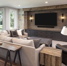 a living room filled with furniture and a flat screen tv mounted on the wall over a fireplace