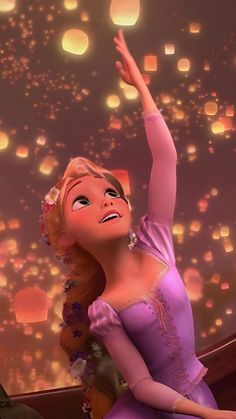 a girl in a purple dress is pointing to the sky with lanterns floating above her