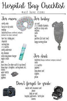 the hospital bag checklist for moms and babys is shown in this graphic