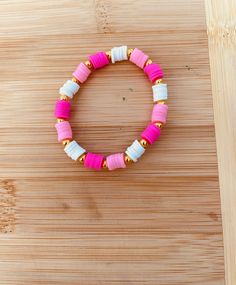 Pink and white clay bead bracelet with gold beads Gold Clay Bead Bracelet, White Clay Bead Bracelet, Clay Bead Bracelet, Clay Bead, White Clay, Clay Beads, Bead Bracelet, Gold Beads, Pink And White