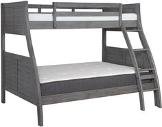 a bunk bed with a ladder and mattress on it's bottom shelf, against a white background