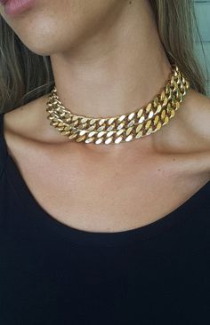 Gold Chunky Chain Link Choker, Gold Cuban Link Double Chain Necklace, Gold Plated Curb Chain Choker Necklace, Gold Cuban Link Double Chain Jewelry, Gold Chain Link Choker With Curb Chain, Gold Chain Link Choker For Party, Gold Chunky Chain Choker Necklace, Gold Chunky Chain Choker For Party, Gold Double Chain Metal Choker