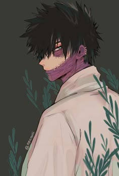 an anime character with black hair and green leaves around his neck, looking to the side