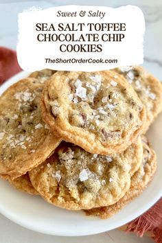 sea salt toffee chocolate chip cookies on a white plate with text overlay