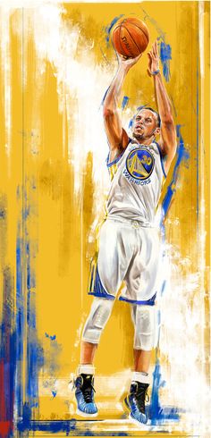 a painting of a basketball player in the air with a ball above his head and yellow background