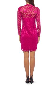 This full-of-romance dress is designed in rich romantic lace and trimmed with scalloped edges. V-neck Long sleeves Lined 96% polyester, 4% spandex Machine wash, tumble dry Made in the USA of imported fabric Fitted Pink Lace Dress With Delicate Details, Elegant Pink Lace Dress With Lace Trim, Feminine Sheath Lace Dress With Lace Trim, Fitted Pink Lace Dress With Lace Sleeves, Pink Fitted Lace Dress With Lace Sleeves, Pink Lace Dress With Contrast Lace, Spring Pink Dress With Contrast Lace, Pink Knee-length Scalloped Lace Dress, Pink Scalloped Lace Knee-length Dress