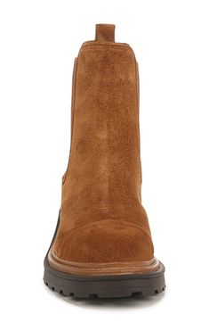 Stretchy side panels and a rear pull-tab offer easy wear on a sophisticated leather Chelsea boot balanced by a cap toe and chunky block heel. 1 1/2" heel 6" shaft Pull-on style with elastic gore insets Leather upper and lining/rubber sole Imported Leather Cap Toe Chelsea Boots For Work, Cap Toe Chelsea Boots For Workwear In Fall, Brown Calf Leather Chelsea Boots For Work, Brown Cap Toe Chelsea Boots With Rubber Heel Cap, Brown Suede Chelsea Boots For Work, Fall Suede Cap Toe Boots, Brown Leather Chelsea Boots For Work, Brown Cap Toe Boots For Workwear, Brown Cap Toe Boots For Work