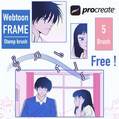 an advertisement for the webtoon frame stamp brush, featuring two women and one man