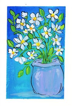 a painting of white flowers in a blue vase on a blue background with green leaves