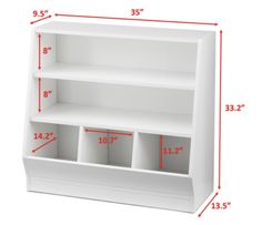 a white bookcase with three shelves and measurements