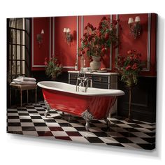 an old fashioned bathtub in a red bathroom with black and white checkered flooring