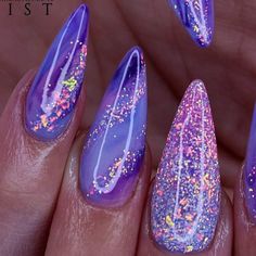 Purple Nye Nails, Bright Purple Almond Nails, Galaxy Almond Nails, Purple And Silver Nail Ideas, Purple Sparkle Nail Design, Purple New Years Nails, Purple Bling Nails, Purple Sparkly Nails, Purple And Silver Nails