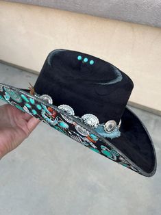 Black Turquoise Fabric Lined Cowboy Hat Flower Cowboy Hat Ladies Western Hat Floral Wedding Hat Wide Brim Fedora Hippie Rancher Hat - Etsy Fitted Southwestern Hat For Western-themed Events, Turquoise Country Hat For Western-themed Events, Turquoise Hat For Summer Western-themed Events, Turquoise Hat For Kentucky Derby, Turquoise Country Hat For Country Events, Turquoise Hat For Kentucky Derby And Country Events, Country Style Turquoise Hat For Country Events, Turquoise Southwestern Hat With Curved Brim, Turquoise Hat For Kentucky Derby Festival