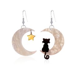 PRICES MAY VARY. Design - This Halloween earring features an asymmetrical design style that includes elements of the moon, stars, and cats. There are two colors available for you to choose from, pink and white. Material - Made of high-quality alloy hooks paired with acrylic earrings and pendants, free of lead and nickel, you can wear them with confidence. Matching - Not only can it be used to match your Halloween costumes, but it can also be worn in daily life, perfect for matching any style of Cat On The Moon, Black Cat Earrings, Moon Halloween, Earrings Acrylic, Lovely Cat, Ear Earrings, Animal Cat, Jewelry Statement, Cat Jewelry