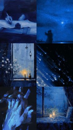 four different paintings depicting the night sky and light coming in from inside an open window