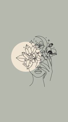 a black and white drawing of a woman's face with flowers in her hair