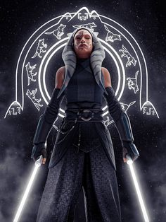 a woman in star wars is standing with lights behind her