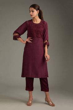 Wine straight kurta with tonal cutwork floral embroidered yoke and cuffs. Comes with solid cropped pant. - Aza Fashions Adah Sharma, Diana Penty, Eid Party, Luxury Sale, Straight Kurta, Buy Wine, U Neck, Pants Pattern, Cut Work