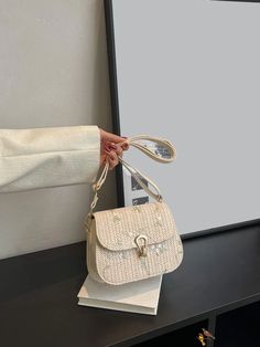 BirdinBag - Mini Embroidered Flap Straw Bag with Floral Design and Metal Lock Embroidered Beige Straw Bag For Travel, Travel Embroidered Beige Shoulder Bag, Embroidered Beige Shoulder Bag For Travel, Beige Embroidered Straw Bag For Everyday Use, Embroidered Beige Shoulder Bag For Vacation, Trendy Embroidered Beige Bag, Trendy Embroidered Beige Shoulder Bag, Trendy Beige Embroidered Shoulder Bag, White Straw Bag With Detachable Strap For Spring