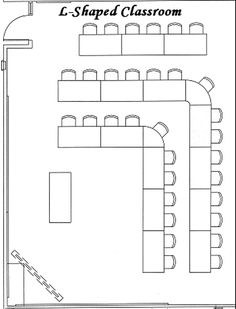 a drawing of a classroom with tables and chairs