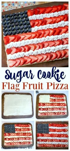 an american flag cake with white frosting and strawberries in the shape of flags