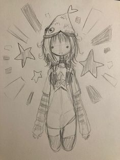 a drawing of a girl wearing a hat and coat, with stars around her head