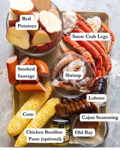 an image of seafood and crab boils on a tray with the names in english