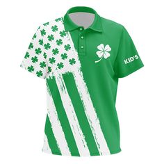 a polo shirt with an american flag and shamrocks on it