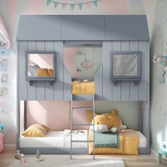 a child's bedroom with bunk beds and toys