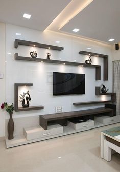 a modern living room with white walls and furniture