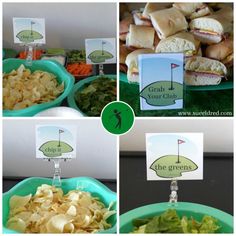 four pictures show different views of sandwiches and chips in green bowls, with the words golf on them