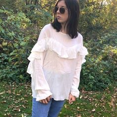 Understated Flair, This Nwt White Ruffled Blouse Is Cute And Will Get You Ready For Fall! Long Sleeves Work Well With The Ruffle Detail. Long Sleeve Tops For Daytime In Fall, Daytime Cotton Blouse With Ruffles, Casual Tops For Daytime In Fall, Casual Fall Tops For Daytime, Casual Fall Daytime Tops, Chic Ruffled Tops For Daytime, White Ruffled Blouse For Daytime, Trendy White Daytime Blouse, Feminine Ruffled Blouse For Daytime