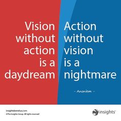 two red and blue squares with the words vision without action is a daydream nightmares