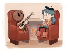 two cartoon characters are sitting in chairs and one is playing the guitar