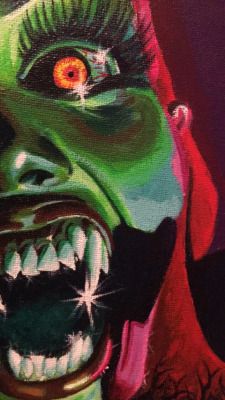 a painting of a clown with his mouth open and teeth painted green, red and yellow