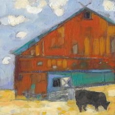 a painting of a cow in front of a barn