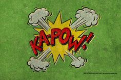 the word kapow is written in red and yellow on a green background with clouds