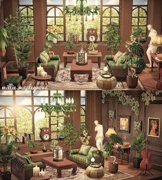 two pictures of a living room with green furniture