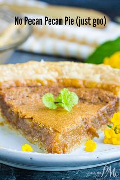 a piece of pie sitting on top of a white plate with yellow flowers around it