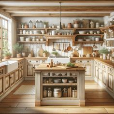 a large kitchen with lots of wooden cabinets and shelves filled with pots and pans