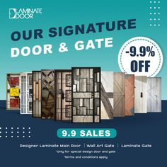 an advertisement for the door and gate sale with doors in different styles, sizes and colors