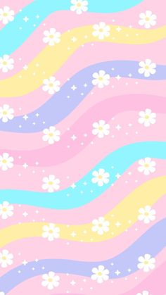 an abstract pattern with flowers and waves in pastel pink, blue, yellow and purple