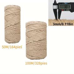 two spools of twine next to each other on a white background with a scale