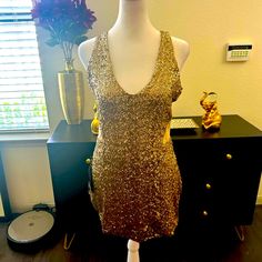 Bebe Gold Sequin Dress With Mesh Sides!!! Very Beautiful And Elegant Glamorous Gold Dress For Going Out, Glamorous Summer Mini Dress For Holidays, Fitted Sequin Summer Holiday Dress, Fitted Sequin Dress For Summer Holiday, Dressy Gold Mini Dress For Summer, Gold Dress For Going Out, Gold Glamorous Mini Dress For Going Out, Glamorous Gold Mini Dress For Going Out, Glamorous Sleeveless Mini Dress For Holiday