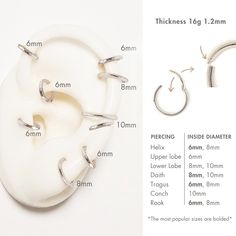 Most secure huggie earring has a hinge that is hidden when closed. Great for cartilage helix, tragus, rook, daith, septum and upper lobe piercings.| Lead and Nickel free. Sold as a SINGLE earring, purchase 2 for a pair 14K Solid White Gold Hoop Thickness 1mm(18ga) Seamless segment clicker closure #JS010-6W Mm Ruler, Lobe Piercings, Upper Lobe, Huggie Earring, White Gold Hoops, Piercing Shop, Lobe Piercing, Single Earring, Tragus