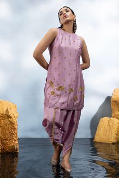 Purple tunic with yellow candy floral embroidery. Paired with an embroidered tulip pant. - Aza Fashions Tulip Pants, Purple Tunic, Yellow Candy, Dupion Silk, Floral Tunic, Embroidered Tunic, Pant Set, Embroidered Silk, Set For Women