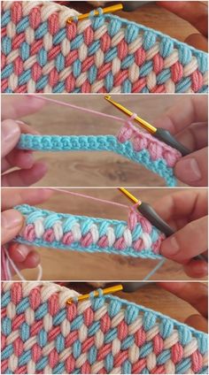 three pictures showing how to crochet the stitchs in two different colors and sizes