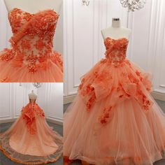 Prom Dresses Floral, Orange Prom Dresses, Prom Dress With Train, Sweet 16 Dress, Tulle Balls, 16 Dress, Tulle Sleeves, Prom Dresses Sleeveless, Lace Prom Dress